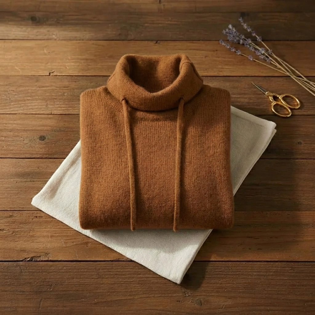 Caramel Drawstring Cowl Neck Knit Pullover