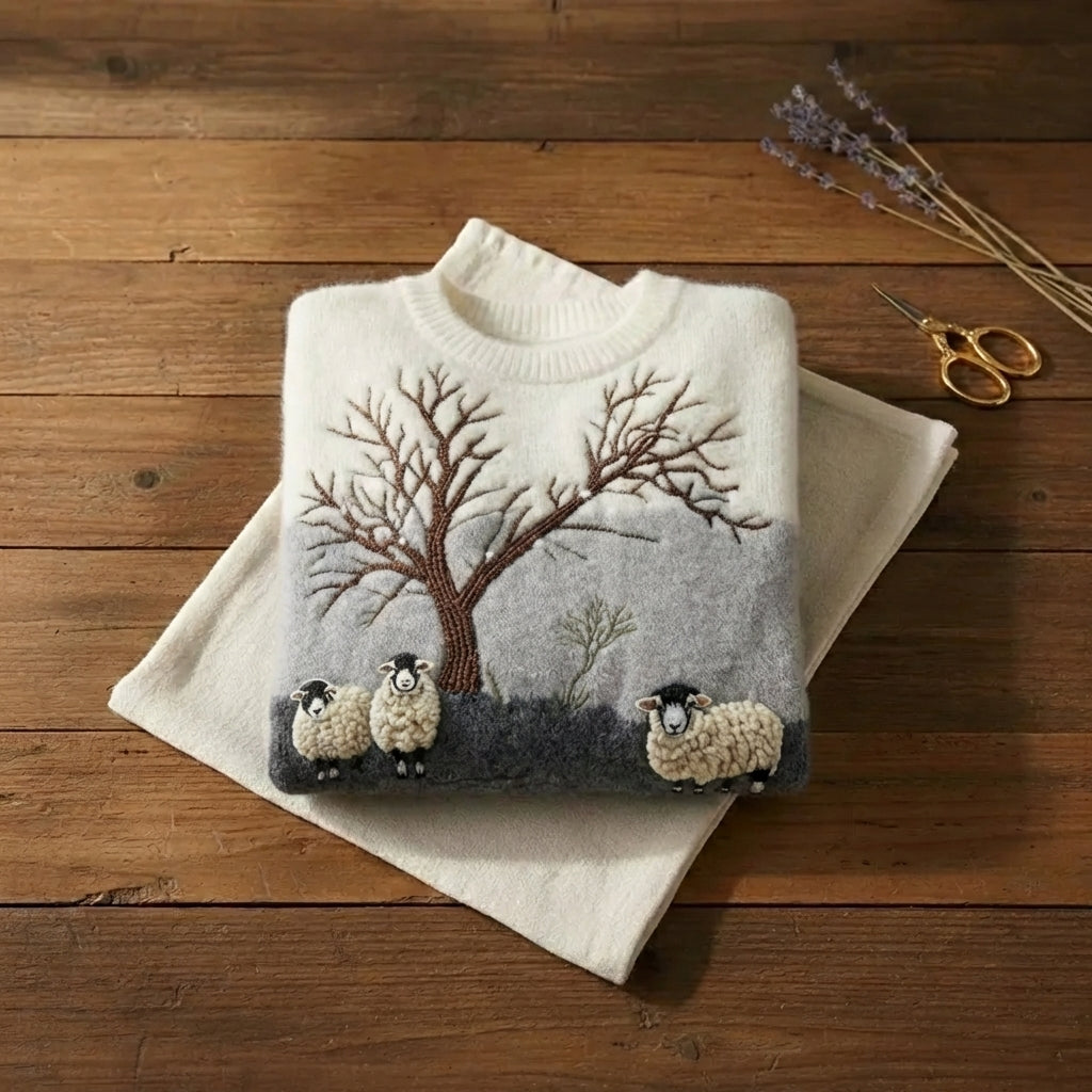 Winter Pastoral Scene Sweater Ivory & Grey Sheep Landscape Knit