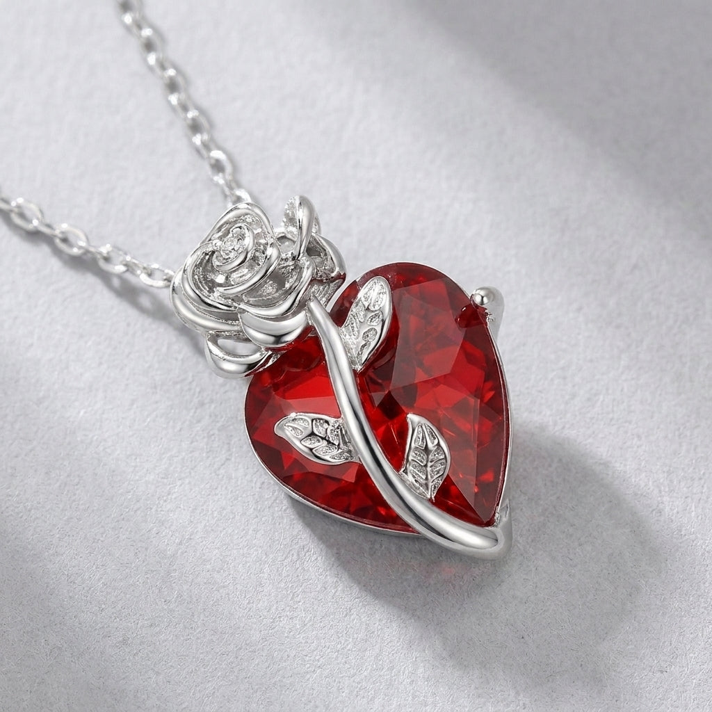 Silver Rose Red Heart Necklace