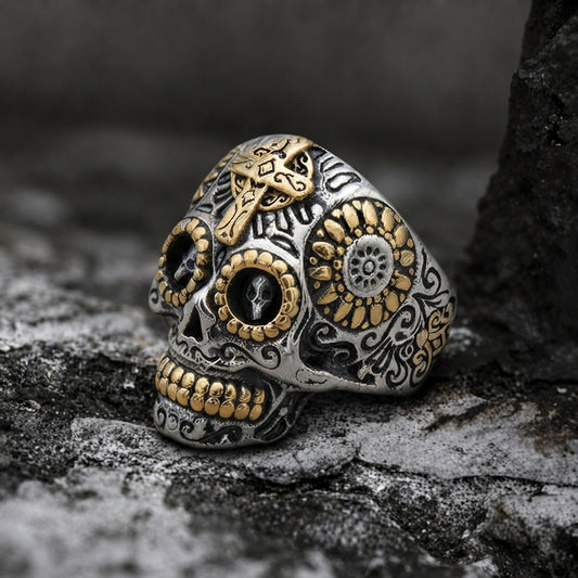 Gold Cross Skull Statement Ring
