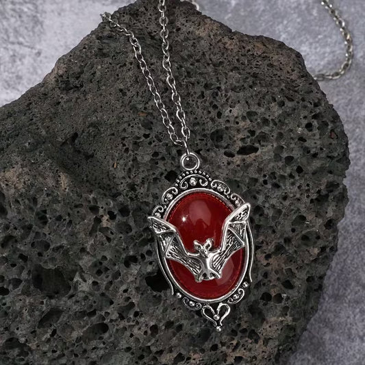Vintage Red Gothic Bat Pendant Necklace
