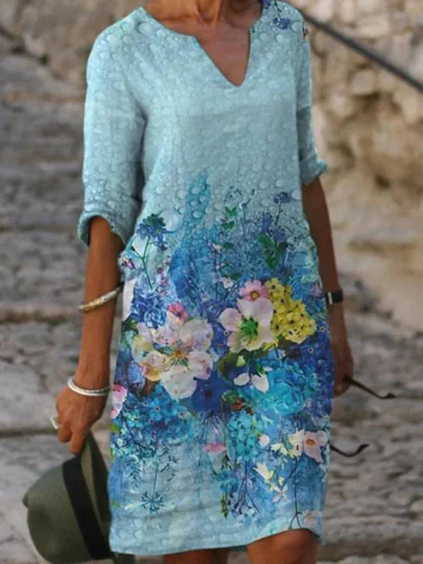 Cream Floral Embroidered V Neck Shift Dress