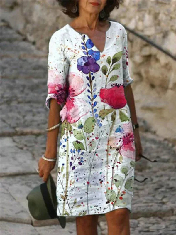 Cream Floral Embroidered V Neck Shift Dress
