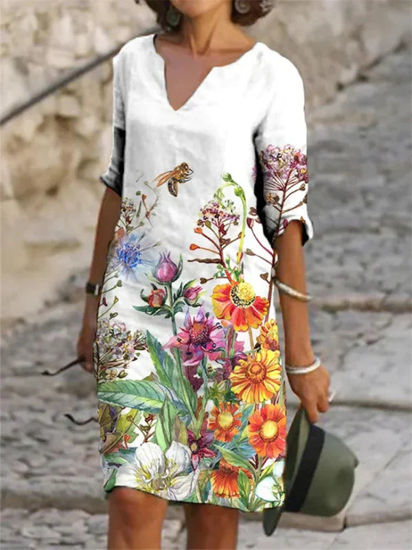 Cream Floral Embroidered V Neck Shift Dress