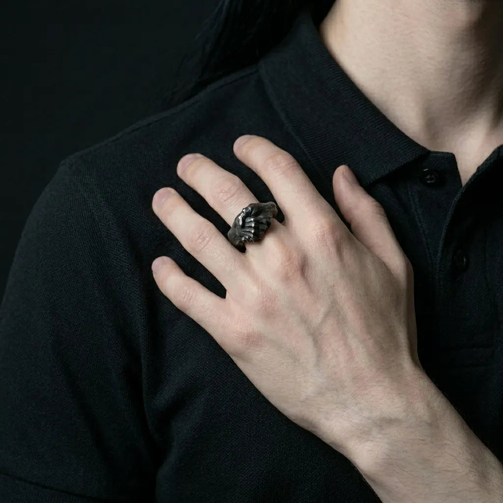 Clasped Hands Black Statement Ring