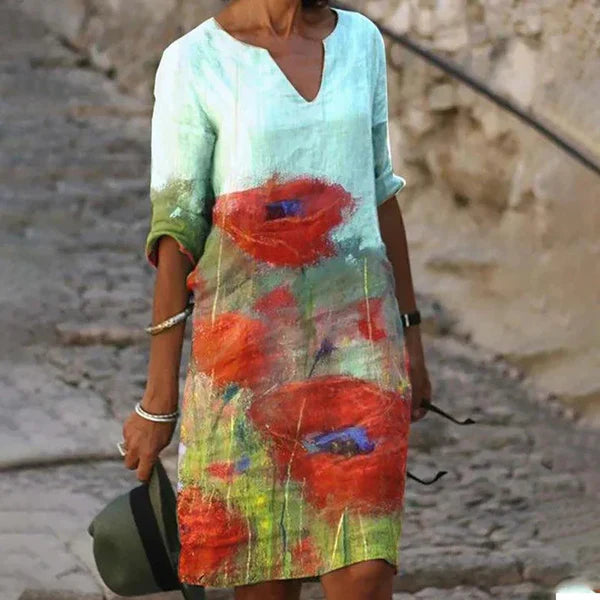 Cream Floral Embroidered V Neck Shift Dress