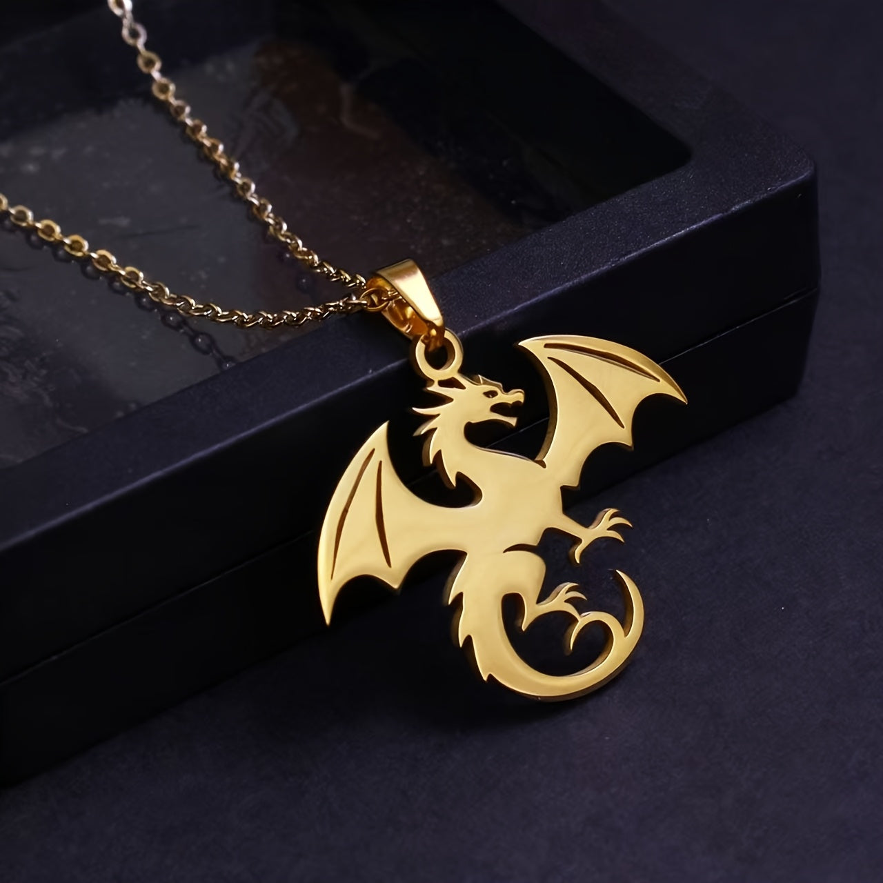 Stylish Stainless Steel Winged Dragon Necklace with 18k Gold Plated