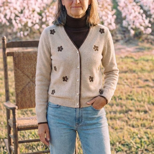 Cotton V-Neck Cardigan with Embroidered Accents