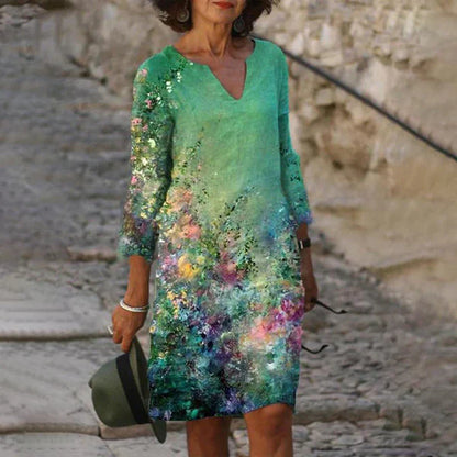 Cream Floral Embroidered V Neck Shift Dress