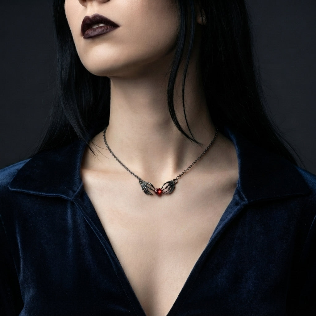 Skeleton Hands Red Heart Necklace