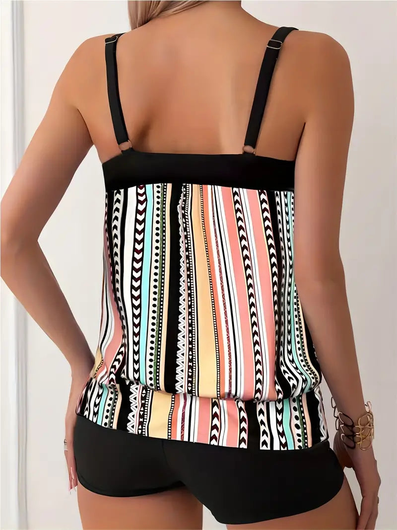Striped tankini with print
