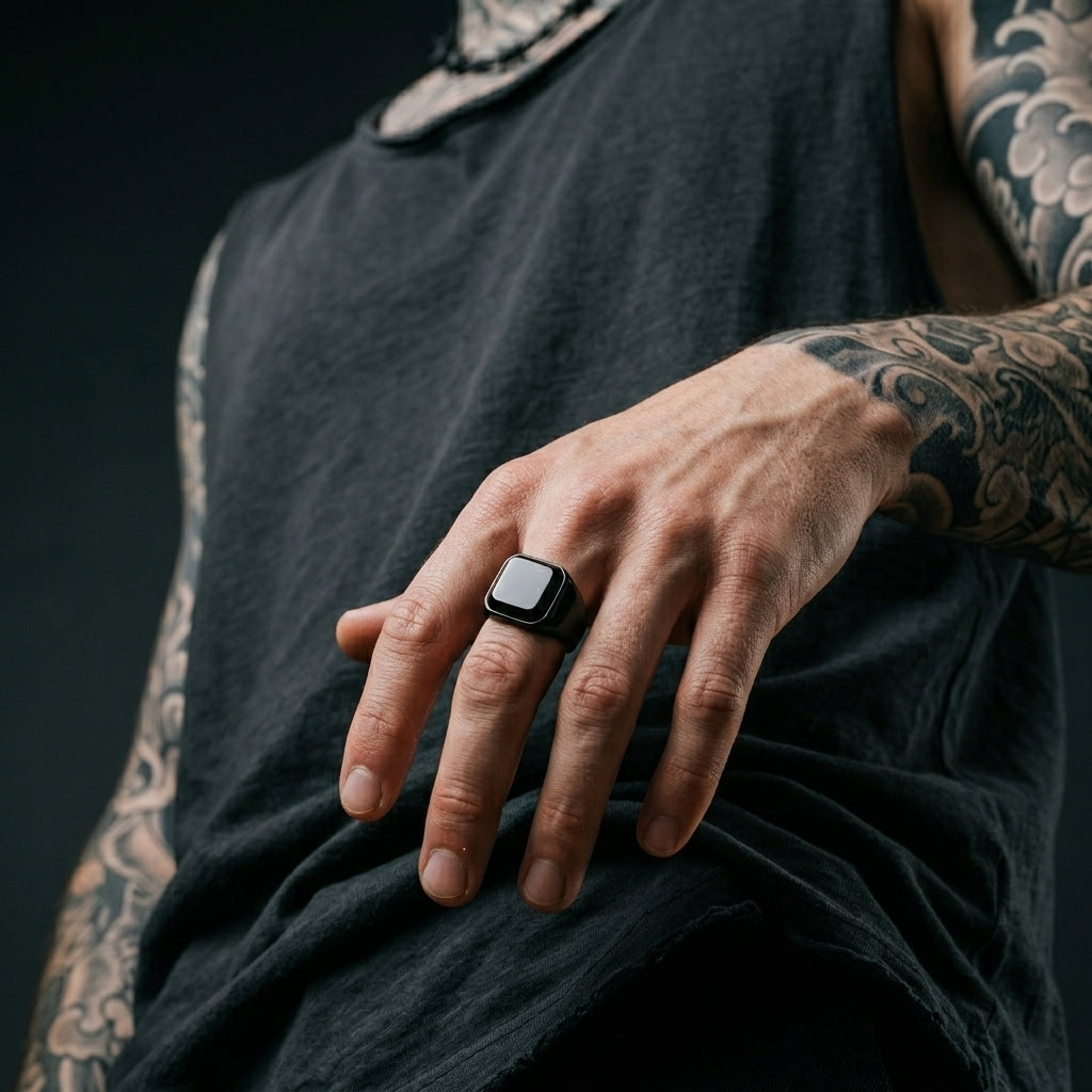 Matte Black Cushion Stone Ring