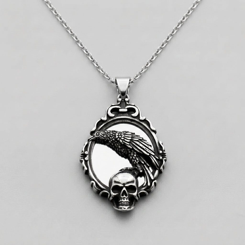 Raven and Skull Ornate Frame Pendant Necklace