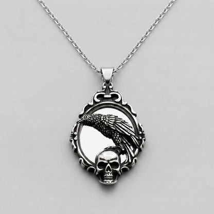 Raven and Skull Ornate Frame Pendant Necklace