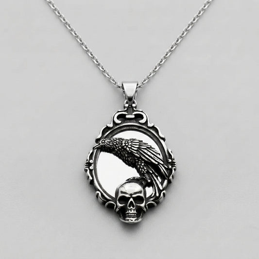 Raven and Skull Ornate Frame Pendant Necklace
