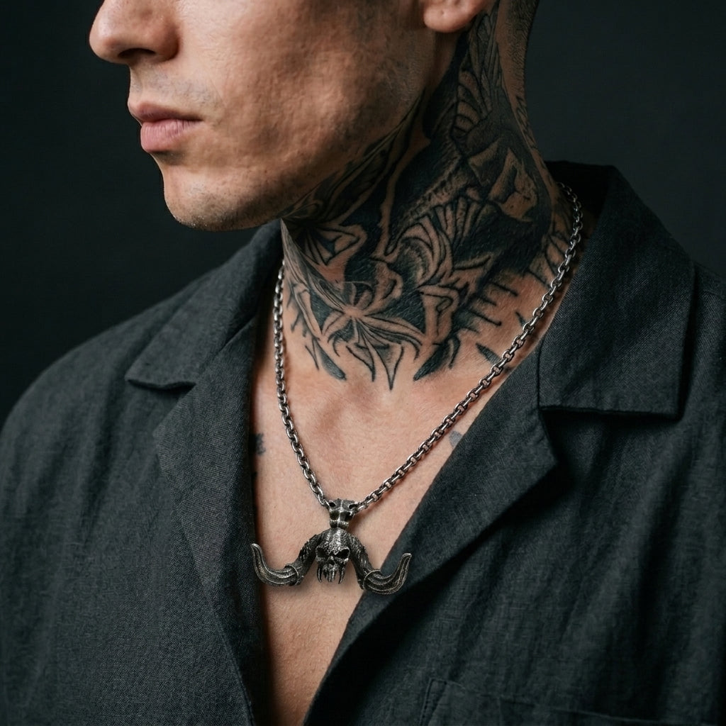Ram Horn Skull Pendant Necklace