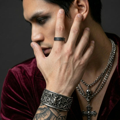 Blackened Geometric Grid Band Ring