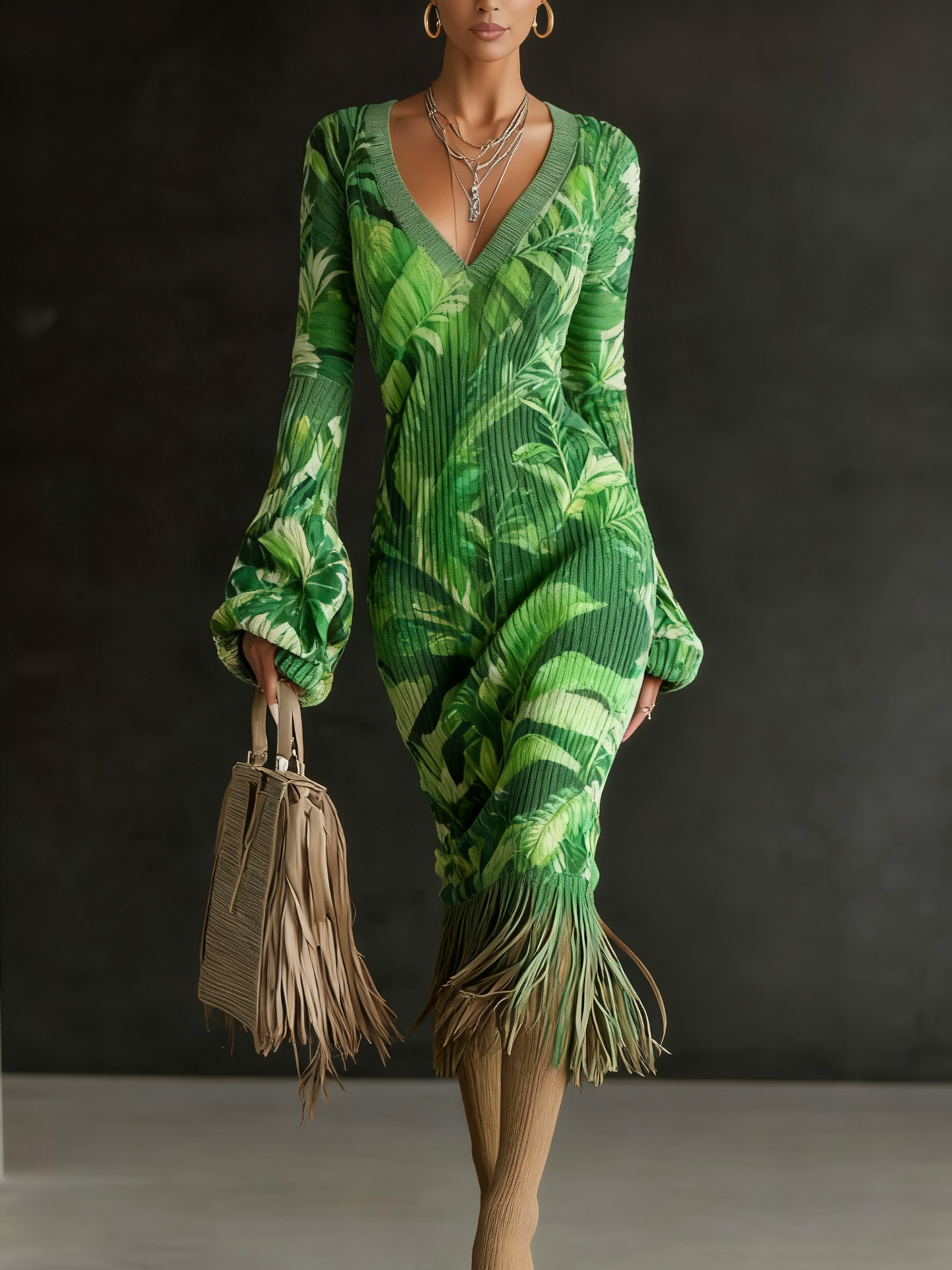 Printed Textured Knitted Tassel Hem Long Sleeve Midi Dress