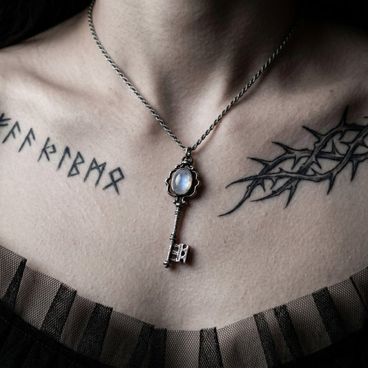 Moonstone Obsidian Skeleton Key Necklace