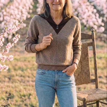 Cotton V-Neck Sweater with Contrast Collar