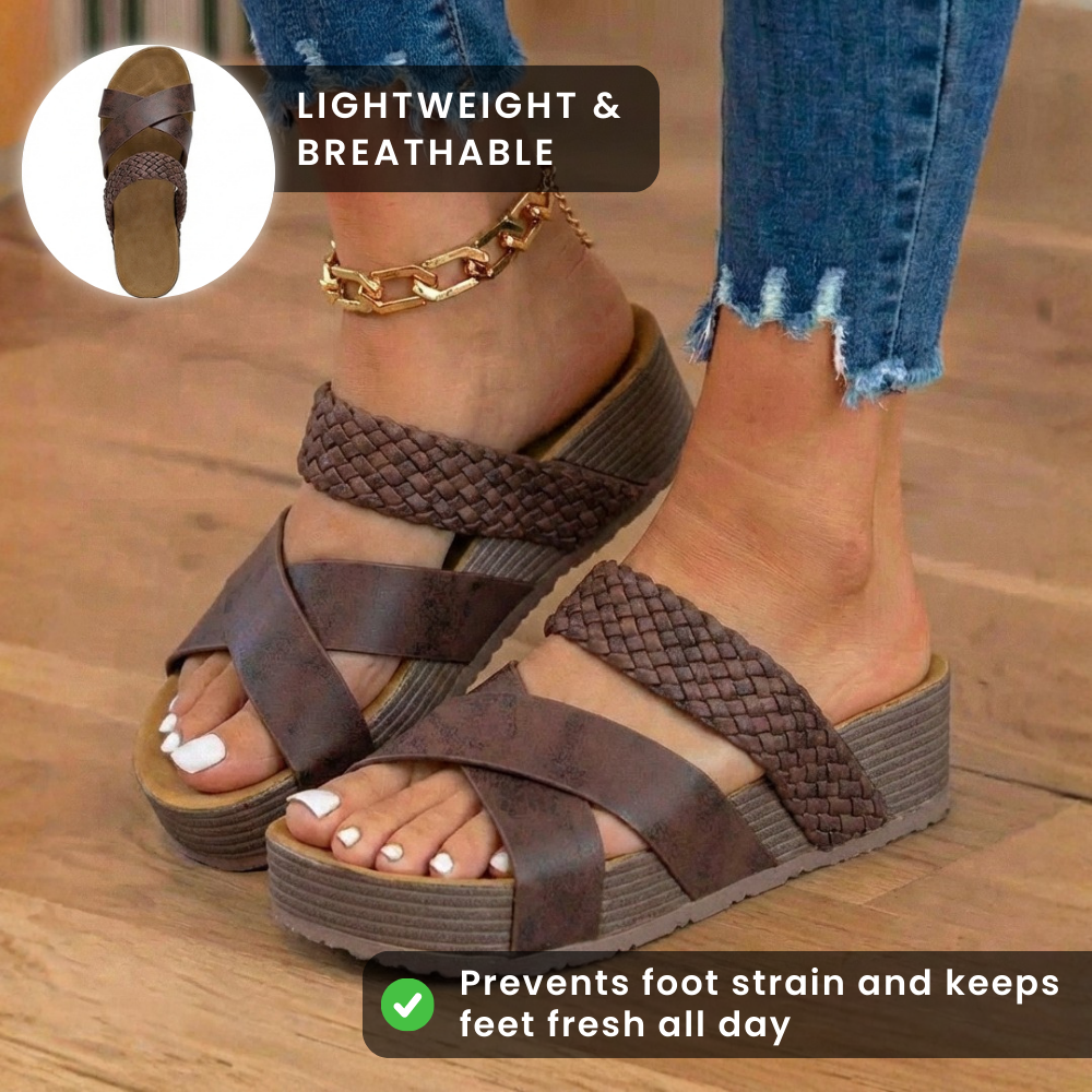 Orthopedic Leather Woven Platform Wedges - Crossover Strap Design