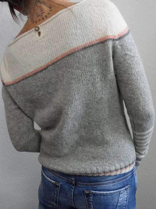 Cotton Pullover with Tonal Purple Colorblock and Striped Cuff Details