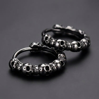 Dark Silver Skull Hoop Earrings