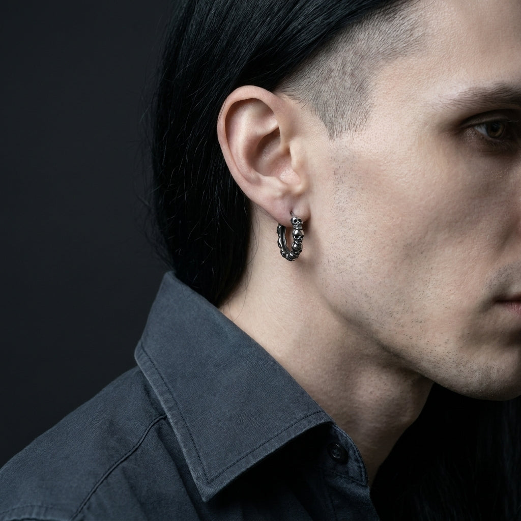 Dark Silver Skull Hoop Earrings