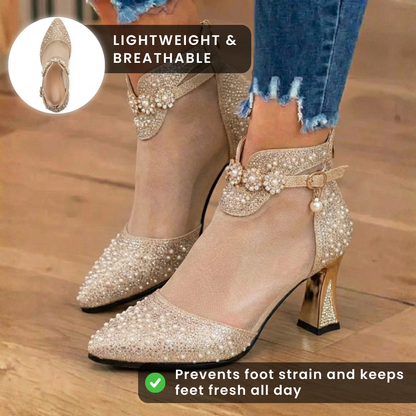 Orthopedic Mesh Rhinestone Ankle Booties - Sheer Panel & Block Heel