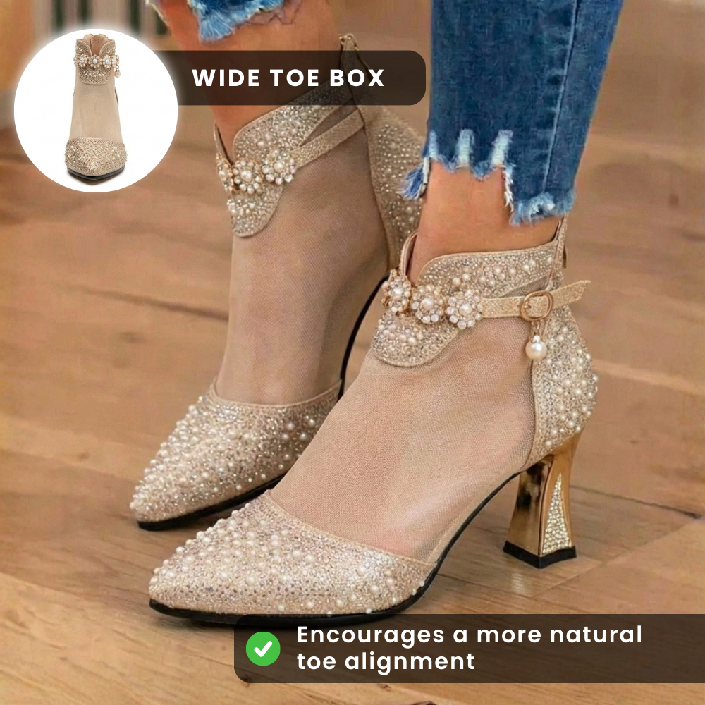 Orthopedic Mesh Rhinestone Ankle Booties - Sheer Panel & Block Heel