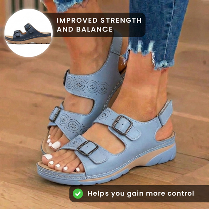 Orthopedic Leather Platform Slide Sandals - Double Buckle Perforated Design