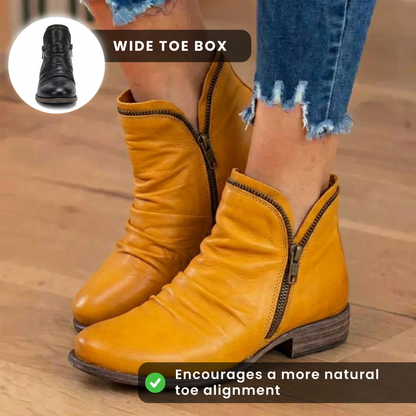 Orthopedic Leather Ruched Ankle Boots - Side Zip Low Heel