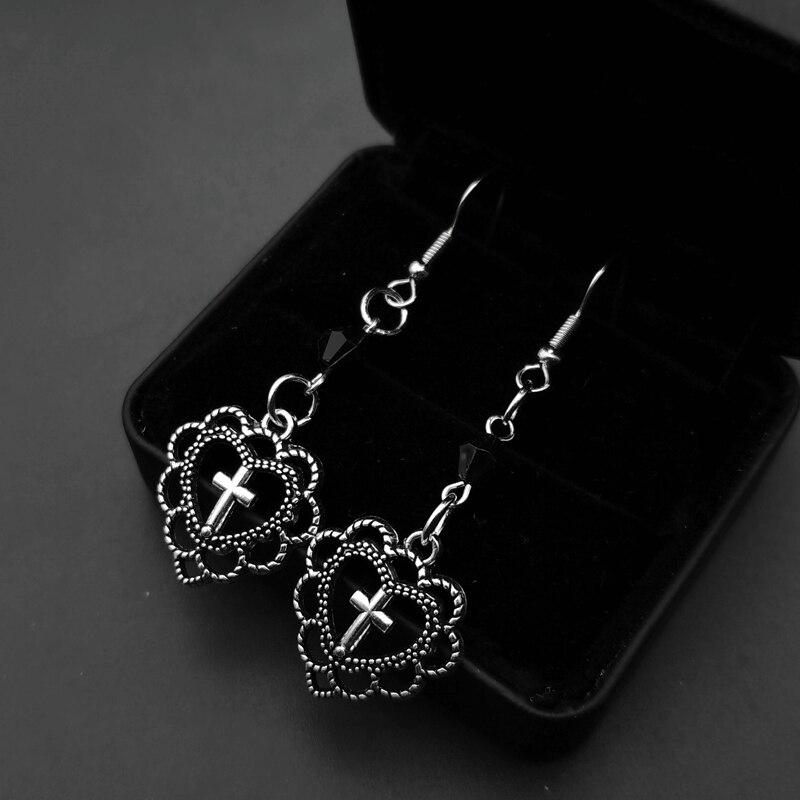 Hollow Heart Cross Drop Earrings