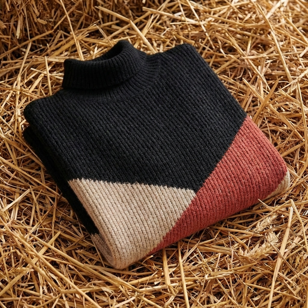 Cotton Turtleneck Sweater with Color-Block Stripes