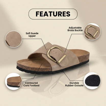 Orthopedic Leather Cork Slide Sandals - Oversized Buckle Detail