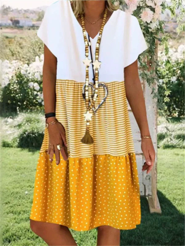 Colorblock Stripe Polka Dot Tiered Dress