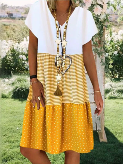 Colorblock Stripe Polka Dot Tiered Dress