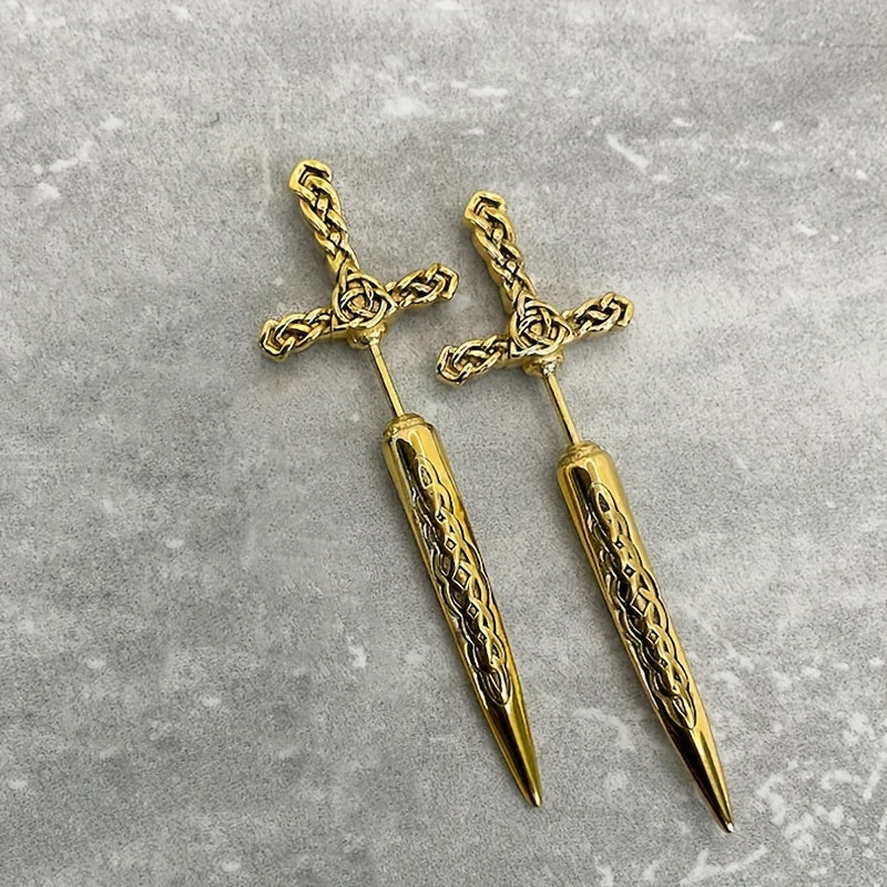 Pair of Gothic Long Sword Earrings Heavy Duty Piercing Studs