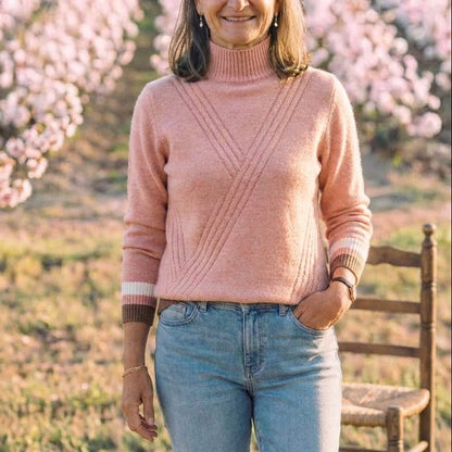 Cotton Turtleneck Sweater with Striped Cuff