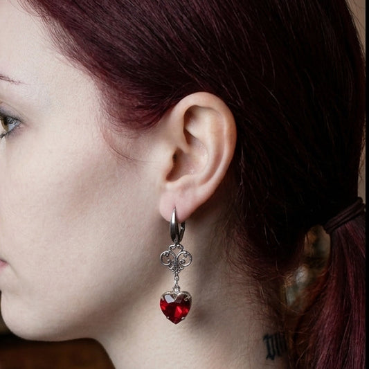 Gothic Red Crystal Heart Earrings
