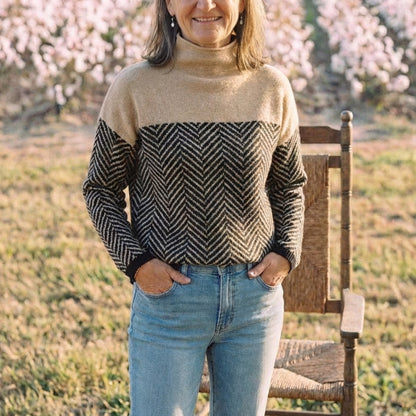 Cotton Turtleneck Dark Blue with Zigzag Pattern