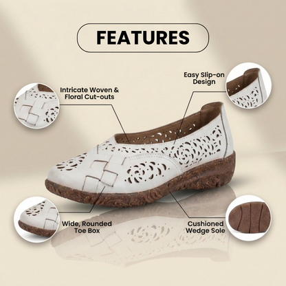 Orthopedic Leather Slingback Wedges - Perforated Floral Cutout Pattern