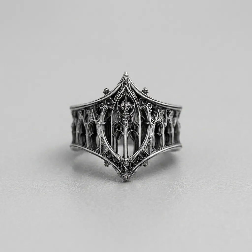 Gothic Arched Filigree Oxidised Silver Statement Ring