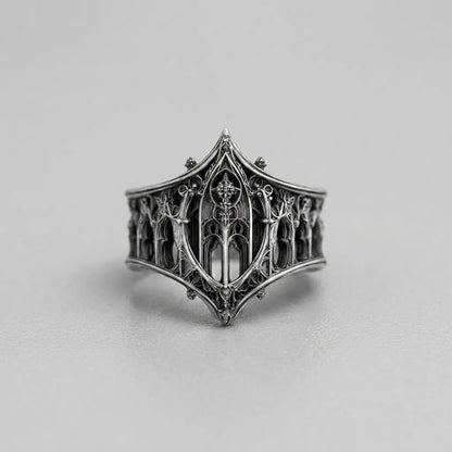 Gothic Arched Filigree Oxidised Silver Statement Ring