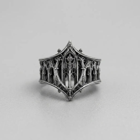 Gothic Arched Filigree Oxidised Silver Statement Ring