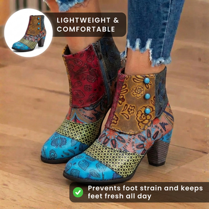 Orthopedic Bohemian Patchwork Ankle Boots - Embossed Leather