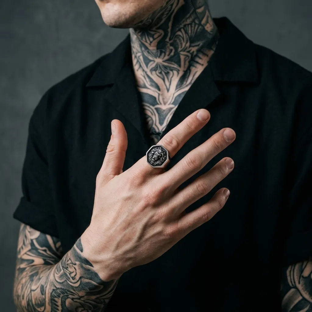 Lion Head Octagonal Signet Ring