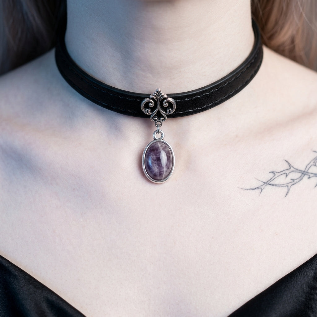 Elegant Gothic Black Choker with Amethyst Pendant