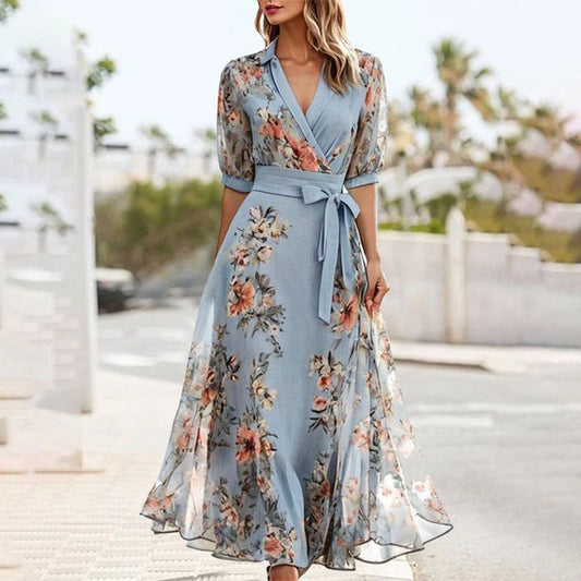KS | Blue short-sleeved midi dress with a pointed neckline