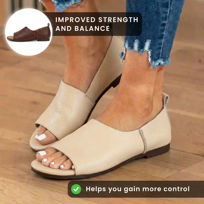 Orthopedic Leather Peep-Toe Wedge Slides - Wide Strap Design